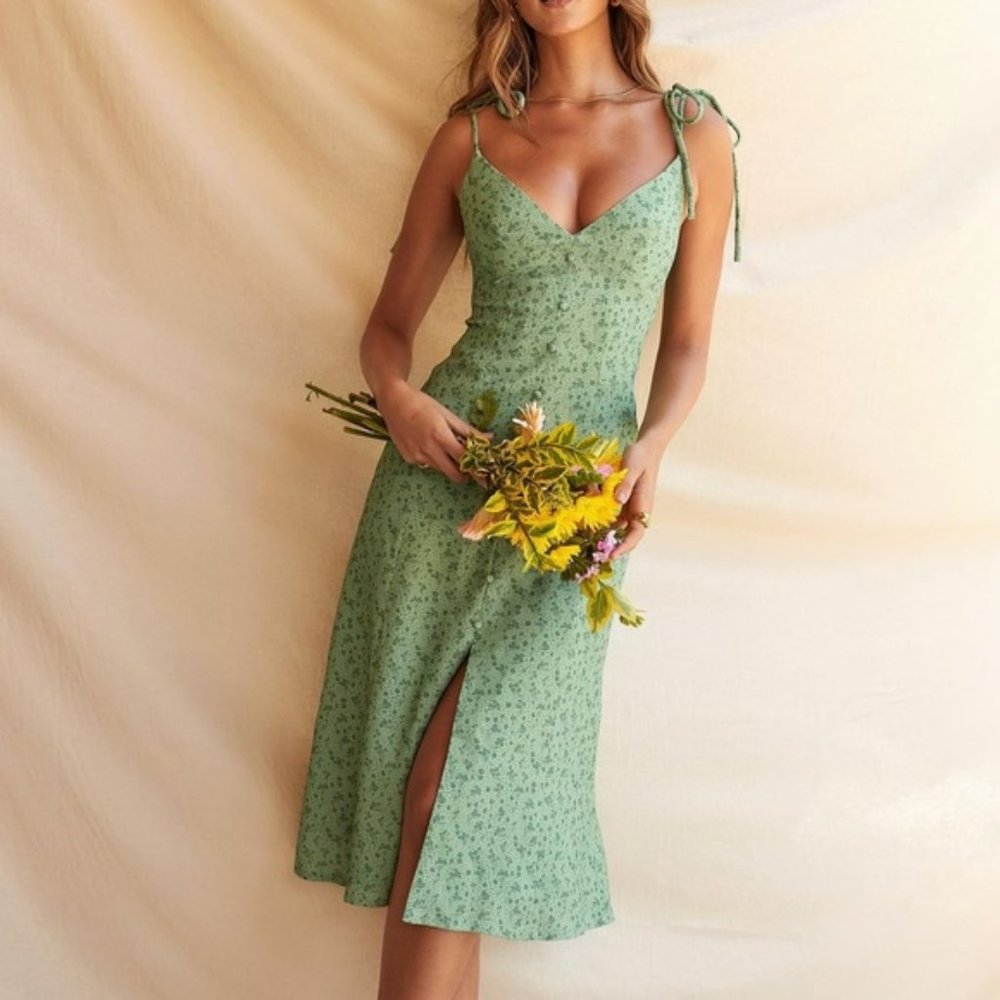 Tie-Shoulder Sage Green Midi Dress